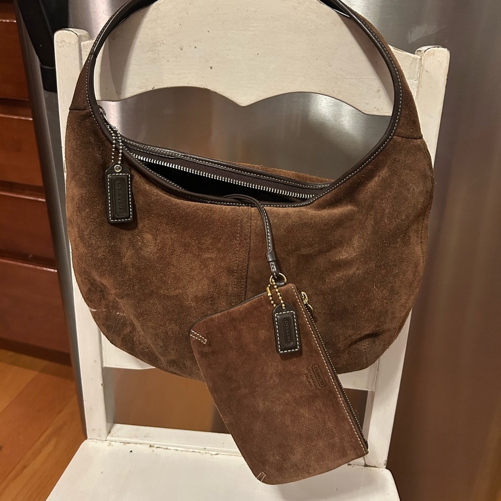 Coach Brown Suede Hobo Bag with Matching Pouch